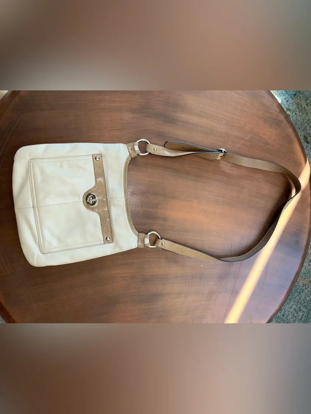 Coach Cream Shoulder Bag with Tan Trim and Turn-Lock